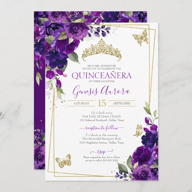 Quinceañera Royal Purple Floral Butterfly Invitation (Front/Back)