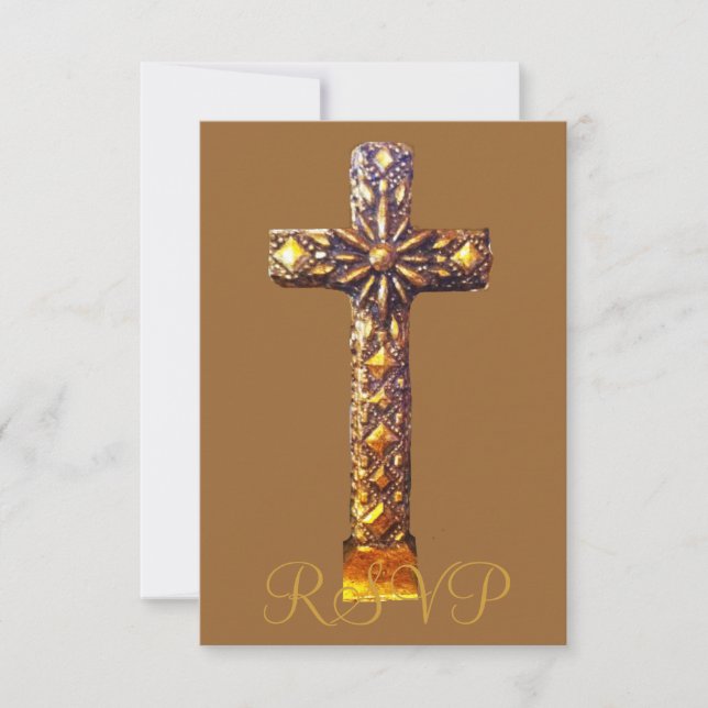 Quinceanera RSVP 15th Birthday Gold Cross Card (Front)