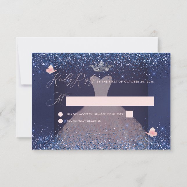 Quinceanera RSVP Butterfly Blush Gown Navy In Invitation (Back)