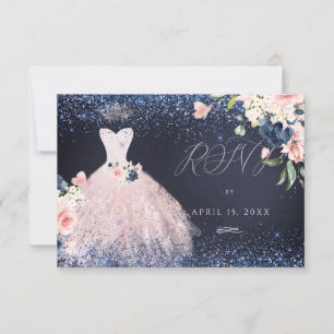 Quinceanera RSVP Butterfly Blush Gown Navy Invitation