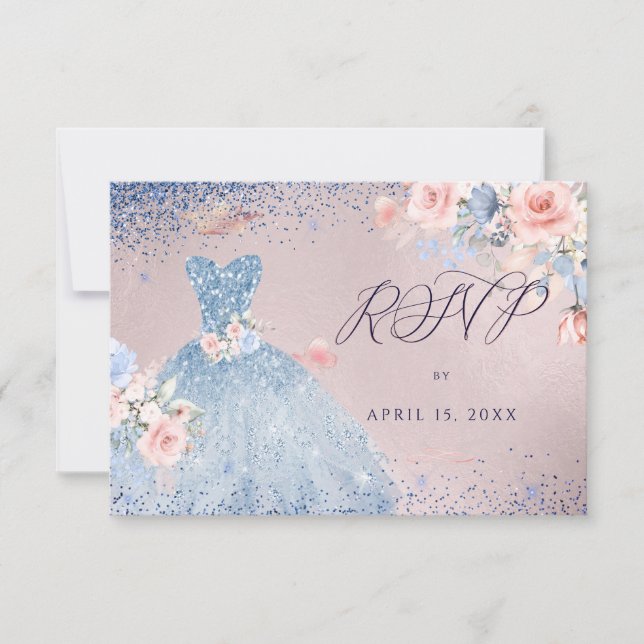 Quinceanera RSVP Dusty Blue Glitter Gown Invitation (Front)