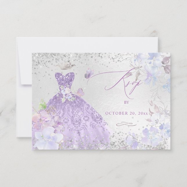 Quinceanera RSVP Dusty Purple Glitter Gown Invitation (Front)