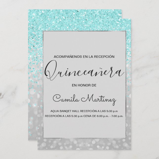 Quinceanera RSVP Teal Blue Girly Glitter Sparkle Invitation (Front/Back)