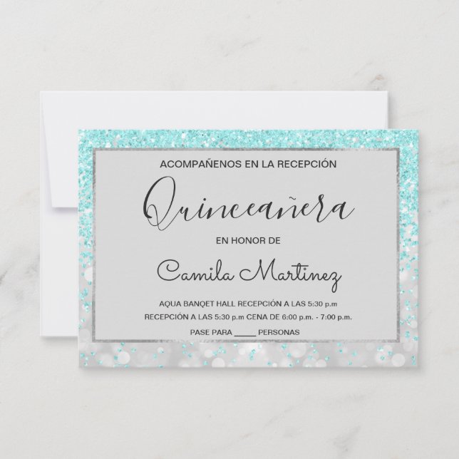 Quinceanera RSVP Teal Blue Girly Glitter Sparkle Invitation (Front)