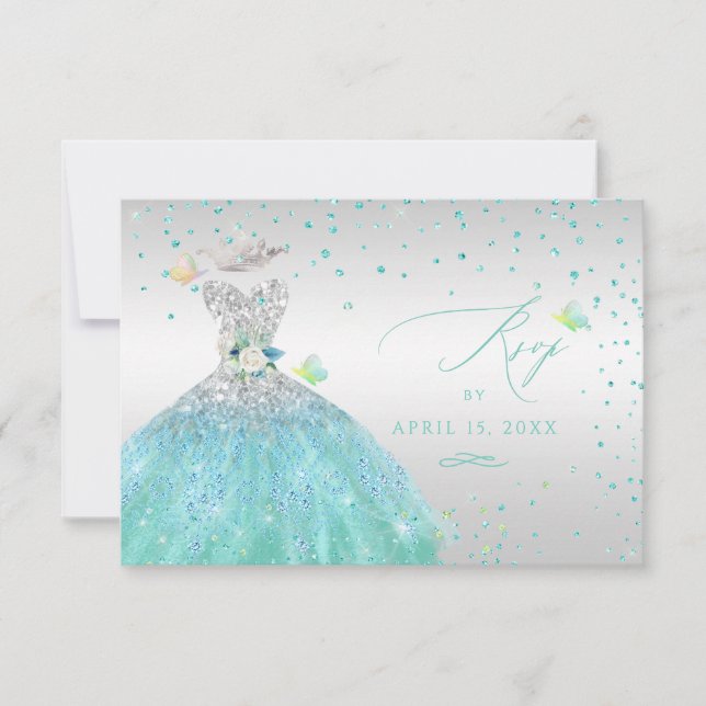 Quinceanera RSVP Turquoise Silver Glitter Gown Inv Invitation (Front)