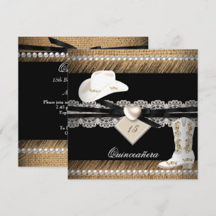 Quinceanera Rustic Burlap Cowgirl Hat Boots Party Invitation