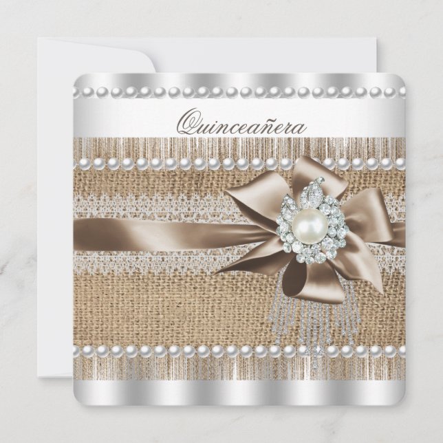 Quinceanera Rustic Burlap Pearl Lace Pearl Invitation (Front)