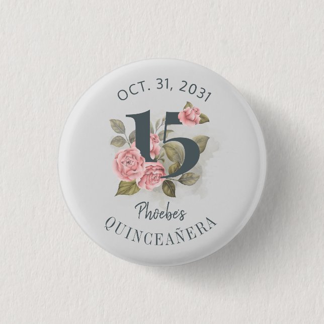Quinceanera Rustic Floral 15th Birthday Button (Front)