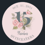 Quinceanera Rustic Floral 15th Birthday Classic Round Sticker<br><div class="desc">Cute modern yet elegant Quinceañera Mis Quince Anos birthday party stickers. Featuring a rustic floral olive green and pink colours design and template that can be easily edited and the text replaced with your own details by clicking the "Personalise" button. For further customisation, please click the "Customise Further" link and...</div>