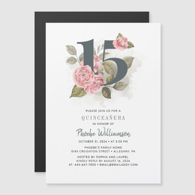 Quinceanera Rustic Floral 15th Birthday Magnetic Invitation (Front/Back)