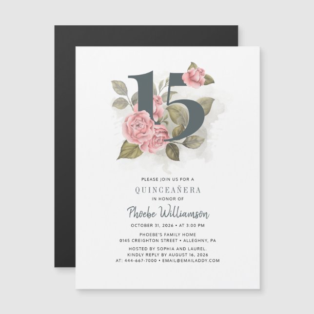 Quinceanera Rustic Floral 15th Birthday Magnetic Invitation (Front/Back)