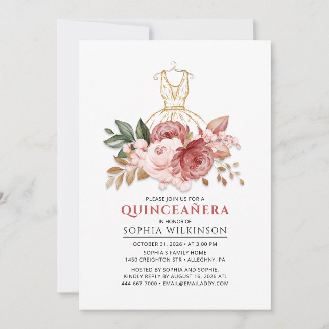 Quinceanera Rustic Floral Faux Gold Dress 15th Invitation (Front)