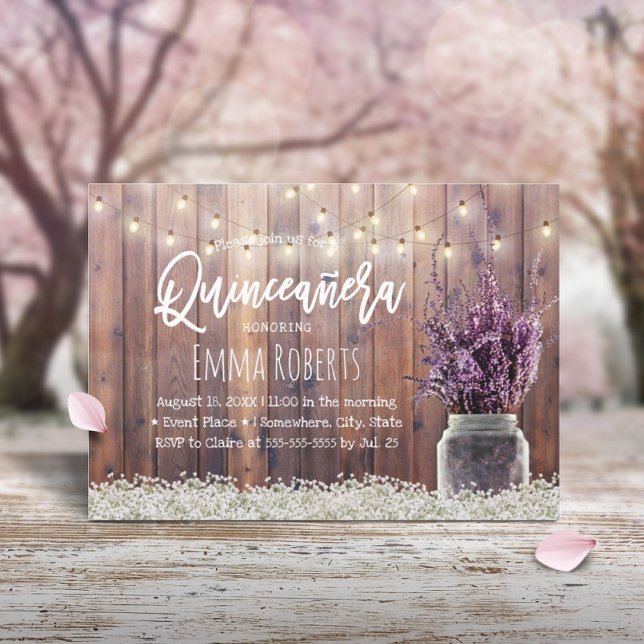 Quinceanera Rustic Lavender Floral String Lights Invitation (Creator Uploaded)