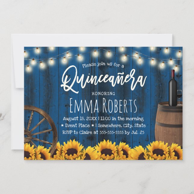 Quinceanera Rustic Sunflowers Barrel Navy Blue Invitation (Front)