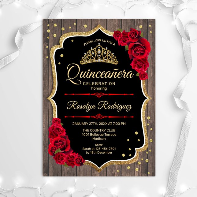 Quinceanera - Rustic Wood Gold Red Invitation (Creator Uploaded)