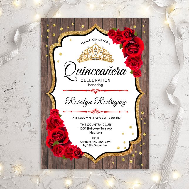 Quinceanera - Rustic Wood Red Roses Invitation (Creator Uploaded)