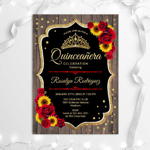 Quinceanera - Rustic Wood Sunflowers Roses Invitation