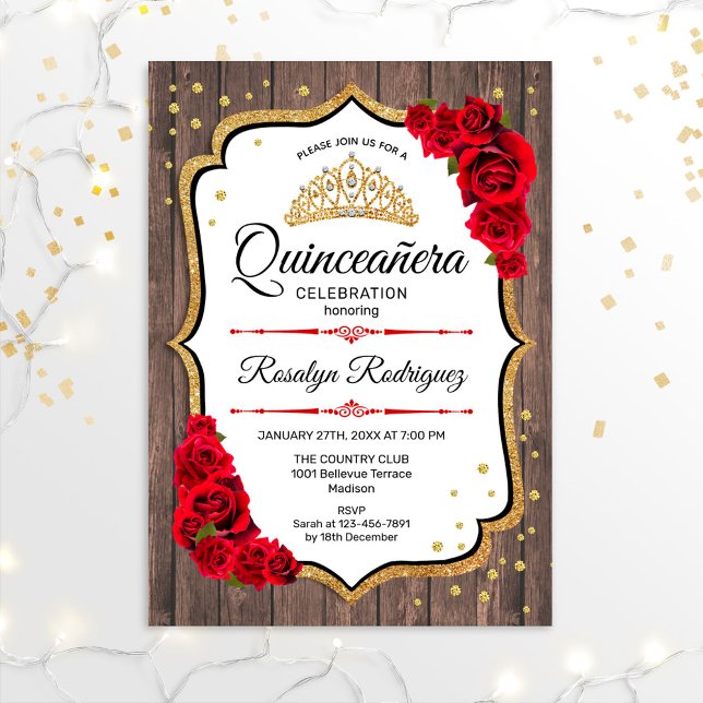 Quinceanera - Rustic Wood White Red Gold Invitation (Creator Uploaded)