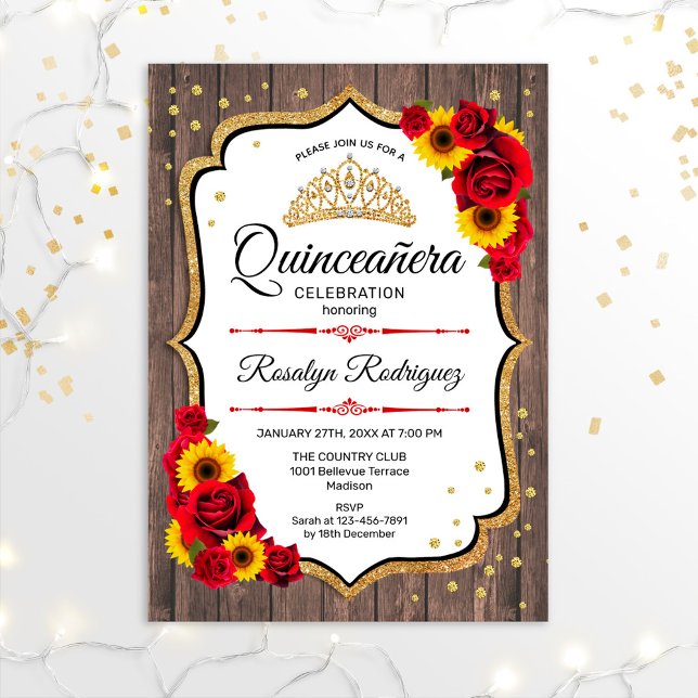 Quinceanera - Rustic Wood White Sunflowers Roses Invitation (Creator Uploaded)
