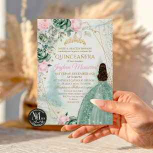 Quinceañera Sage Green Baby Pink Floral Whimsical Invitation