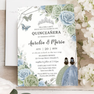 Quinceañera Sage Green Blue Floral Twins Silver Invitation