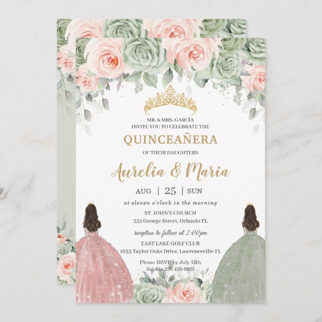 Quinceañera Sage Green Blush Floral Gold Twins Invitation (Front/Back)