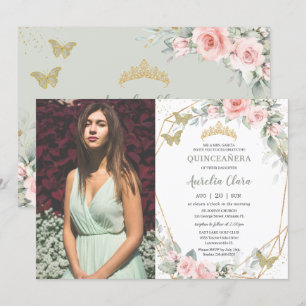 Quinceañera Sage Green Butterflies Pink Floral Invitation