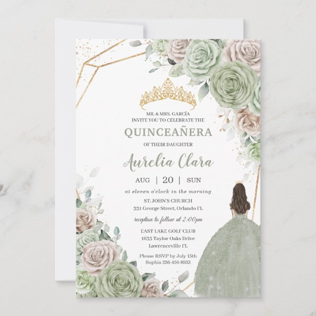 Quinceañera Sage Green Champagne Gold Floral Invitation (Front)
