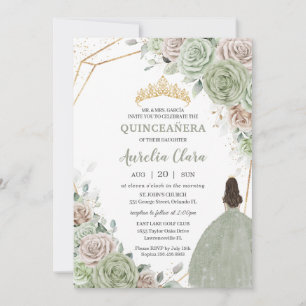 Quinceañera Sage Green Champagne Gold Floral Invitation