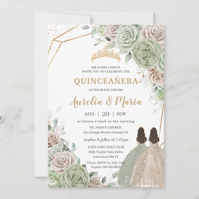 Quinceañera Sage Green Champagne Gold Floral Twins Invitation (Front)