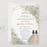 Quinceañera Sage Green Champagne Gold Floral Twins Invitation<br><div class="desc">Personalise this lovely quinceañera invitation with own wording easily and quickly,  simply press the customise it button to further re-arrange and format the style and placement of the text.  Matching items available in store!  (c) The Happy Cat Studio</div>