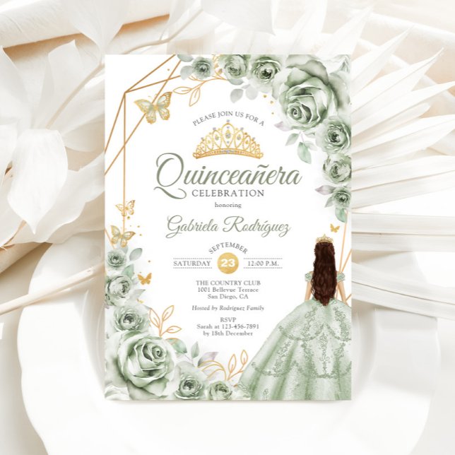 Quinceanera Sage Green Dress Floral Gold Invitation (Creator Uploaded)