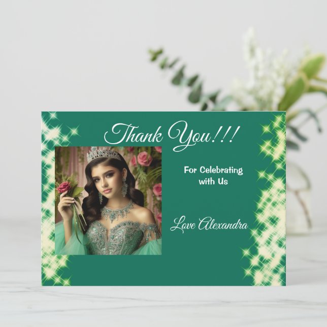 Quinceanera Sage Green Elegant Princess Photo Thank You Card (Standing Front)