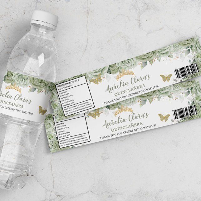 Quinceañera Sage Green Floral Butterflies Sweet 16 Water Bottle Label (Creator Uploaded)