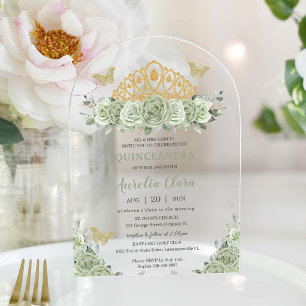 Quinceañera Sage Green Floral Gold Crown Butterfly Acrylic Invitations