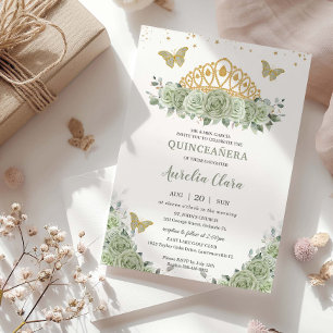 Quinceanera Sage Green Floral Gold Crown Butterfly Invitation