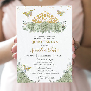 Quinceañera Sage Green Floral Gold Crown Español Invitation