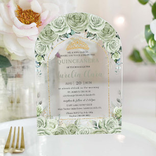 Quinceanera Sage Green Floral Modern Gold Arch Acrylic Invitations