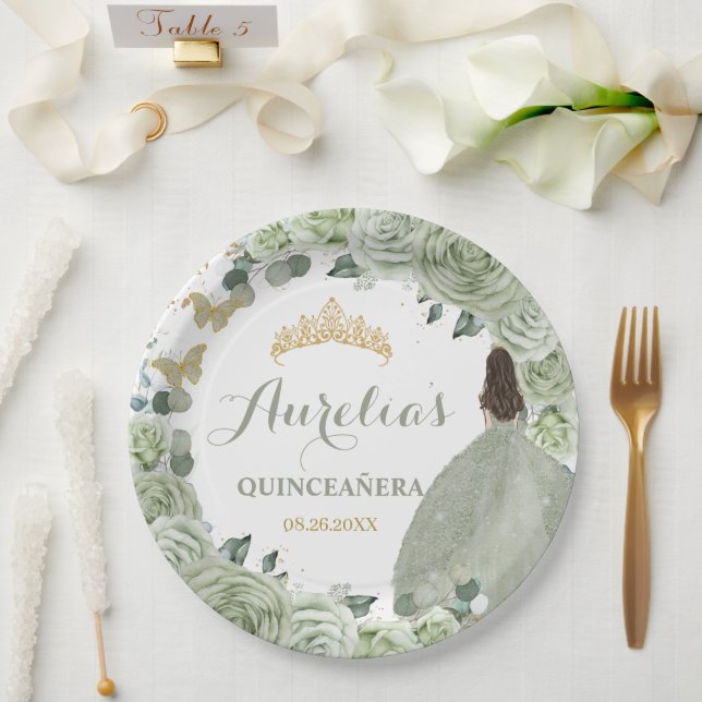 Quinceañera Sage Green Floral Princess Butterflies Paper Plate (Wedding)