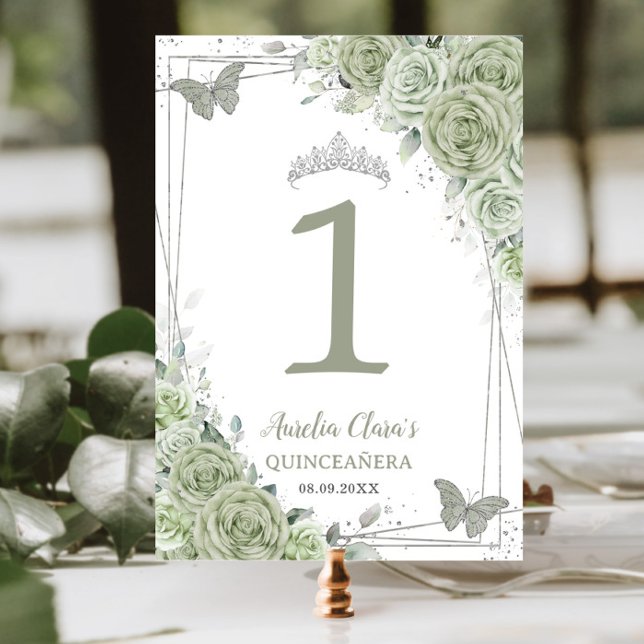 Quinceañera Sage Green Floral Silver Butterflies Table Number (Creator Uploaded)