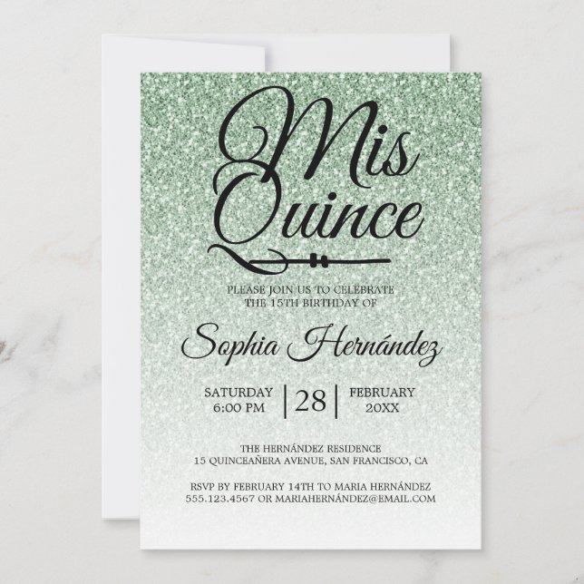 Quinceañera Sage Green Glitter 15th Birthday  Invitation (Front)