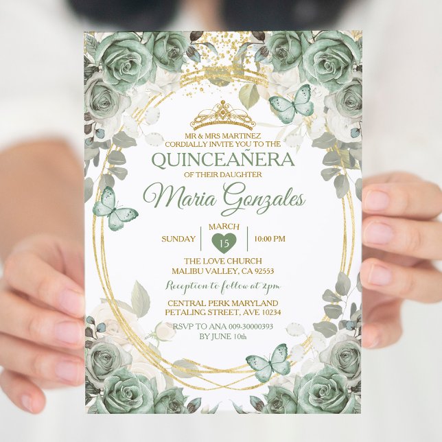 Quinceañera Sage Green & Gold Crown Butterfly Invitation (Creator Uploaded)