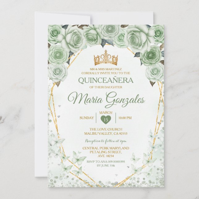 Quinceañera Sage Green Mexican Butterfly Invitation (Front)