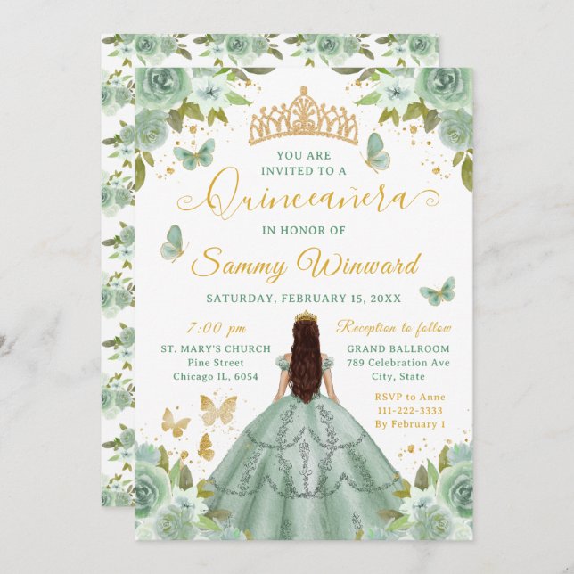 Quinceañera Sage Green Princess Brunette Girl Invitation (Front/Back)