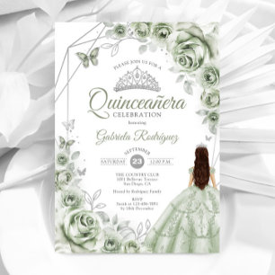 Quinceanera Sage Green Silver Dress Floral Invitation