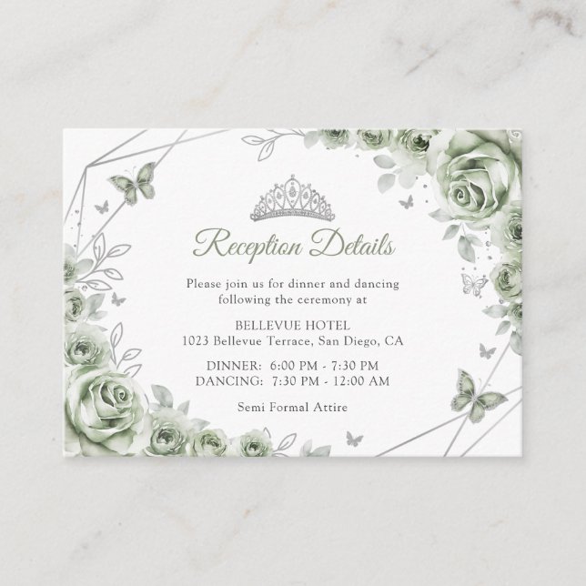 Quinceanera Sage Green Silver Floral Details Enclosure Card (Front)