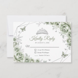 Quinceanera Sage Green Silver Floral Reply RSVP Card