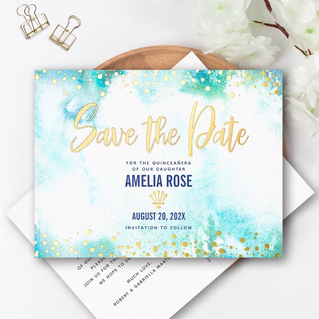 Quinceañera Save Date Crown Turquoise Real Gold Foil Invitation Postcard (Creator Uploaded)