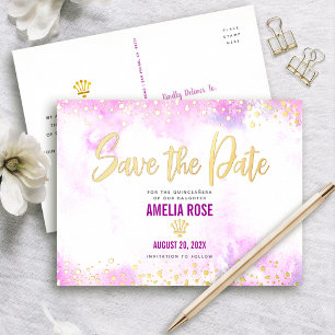 Quinceañera Save Date Pink Watercolor Real Gold Foil Invitation Postcard
