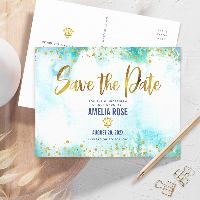 Quinceañera Save Date Turquoise Watercolor Gold Invitation Postcard (Creator Uploaded)
